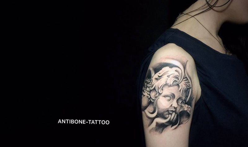 # 天使#纹身图片_成品手臂欧美写实肖像人物鬼神反骨刺青培训纹身图案