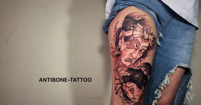 # 生首#纹身图片_成品腿部传统习俗鬼神宗教黑白反骨刺青纹身图案