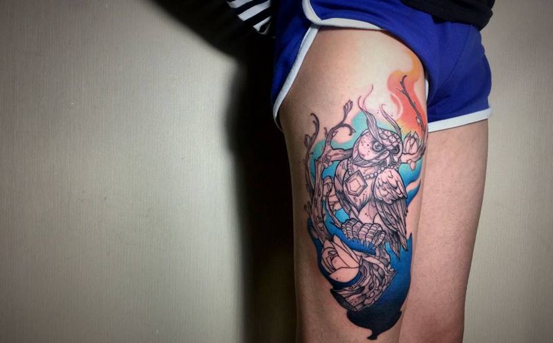 猫头鹰作品(未完成)纹身图片_成品腿部肩部腹部背部欧美动物彩图反骨刺青猫头鹰纹身图案