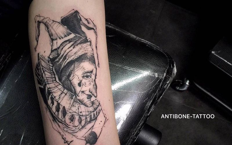 # 小丑#纹身图片_成品手臂欧美人物几何反骨刺青培训纹身图案