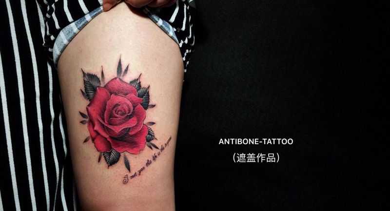 # 玫瑰# 遮盖作品纹身图片_成品腿部欧美清新植物静物彩图反骨刺青培训纹身图案