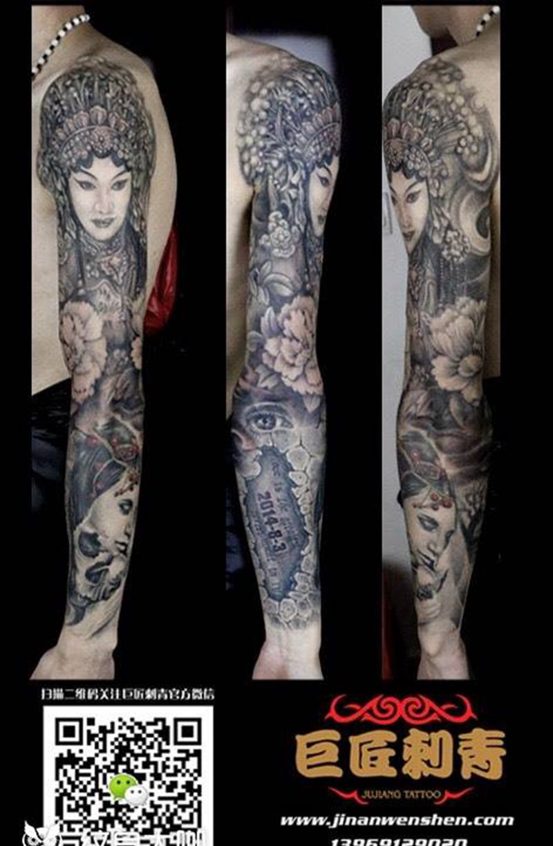 花臂“花旦”纹身图片_成品手臂传统肖像人物植物原创巨匠刺青栾华纹身图案