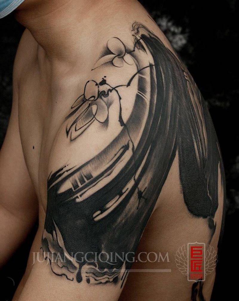 水墨风“天行健”纹身图片_成品肩部背部国画字符纹身图案