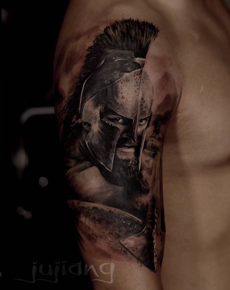 斯巴达勇士纹身图片_成品手臂欧美写实人物培训纹身图案