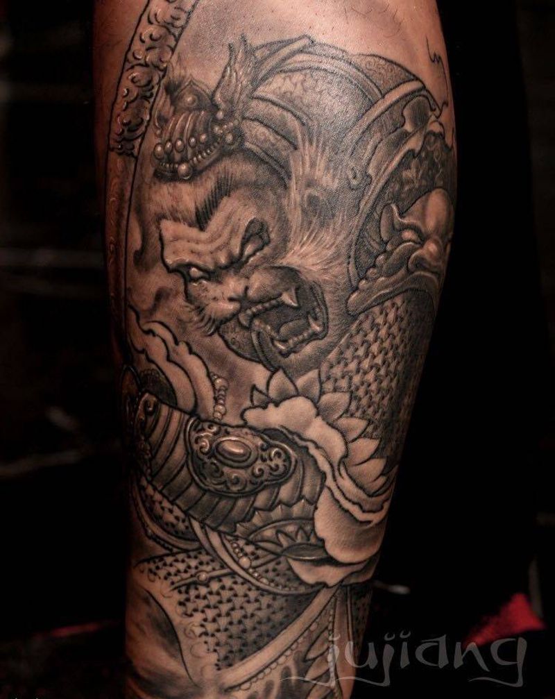 悟空纹身图片_成品腿部传统动物培训纹身图案