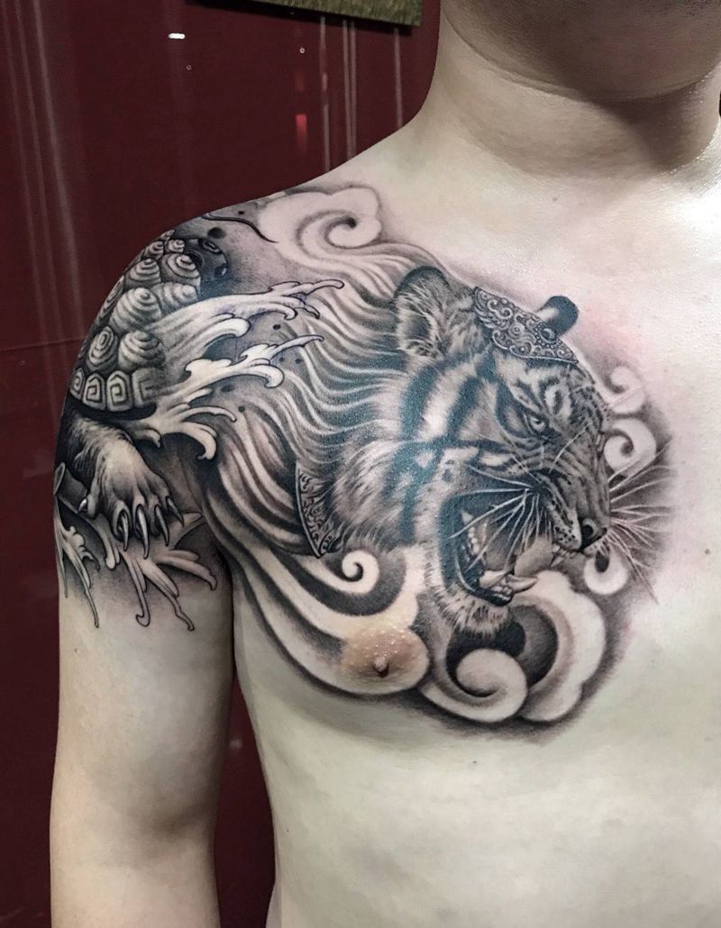 半胛！玄武与白虎纹身图片_成品肩部手臂胸部传统宗教鬼神动物原创纹身图案