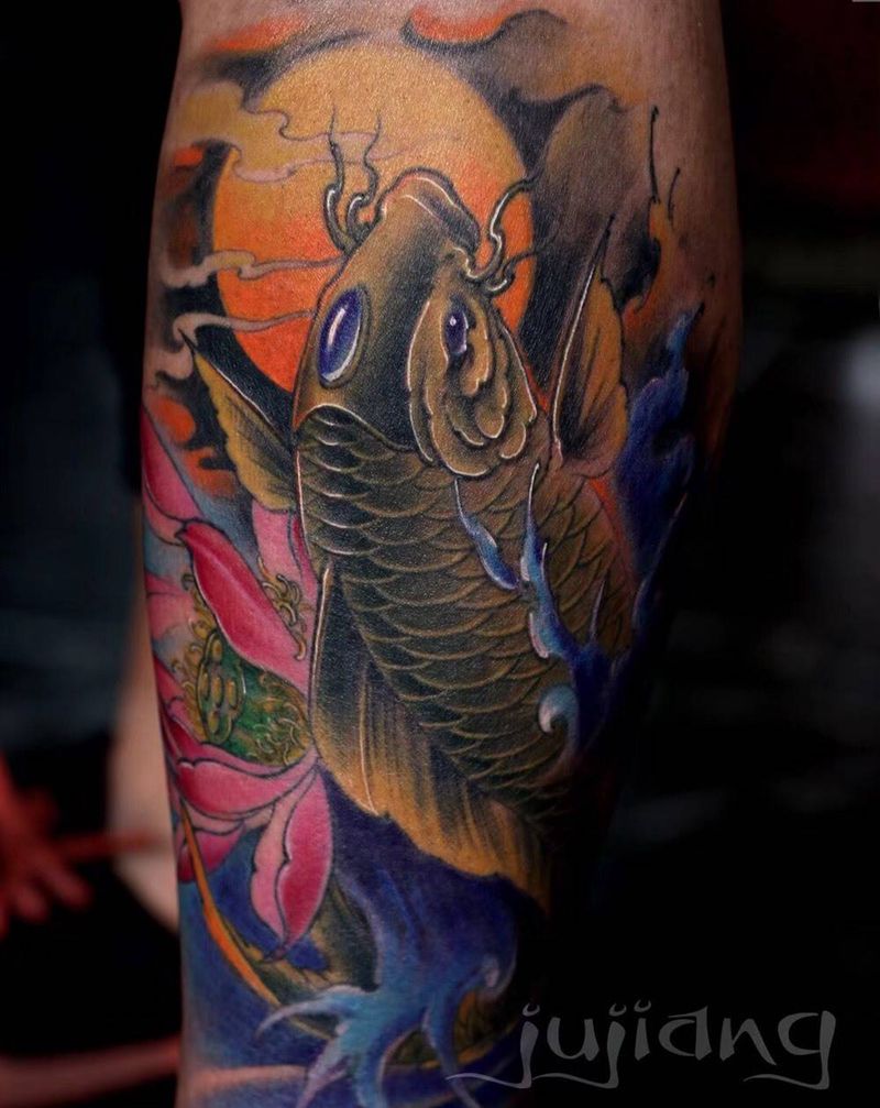 锦鲤恢复后的效果纹身图片_成品腿部传统动物培训原创纹身图案