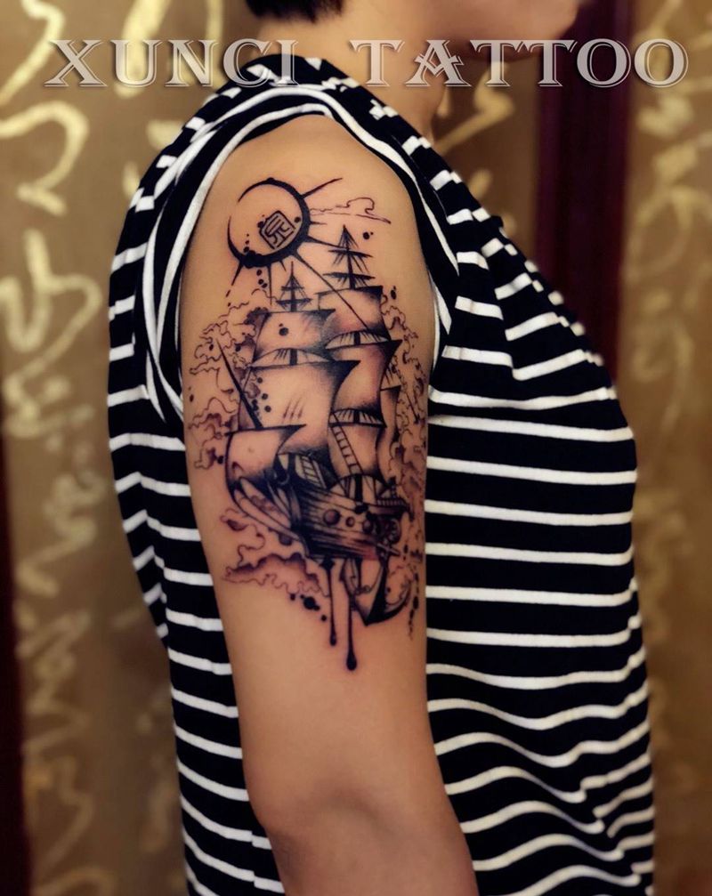 船纹身图片_成品手稿手臂欧美国画清新字符几何图腾静物纹身图案