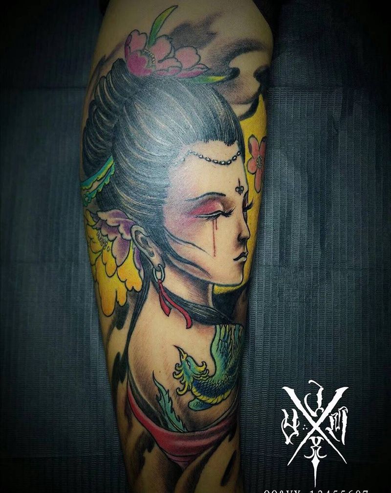 小腿艺妓修改。纹身图片