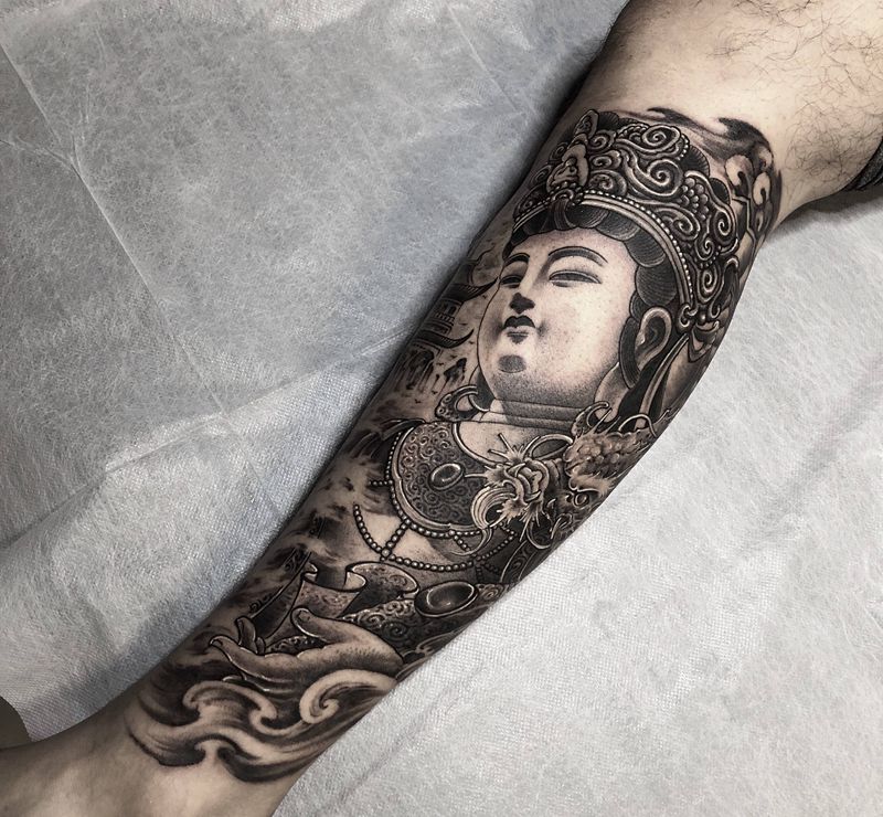 普贤菩萨纹身图片_腿部新传统菩萨纹身图案