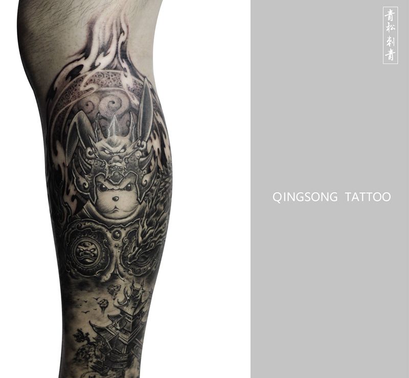 守兔纹身图片_腿部手臂新传统兔纹身图案