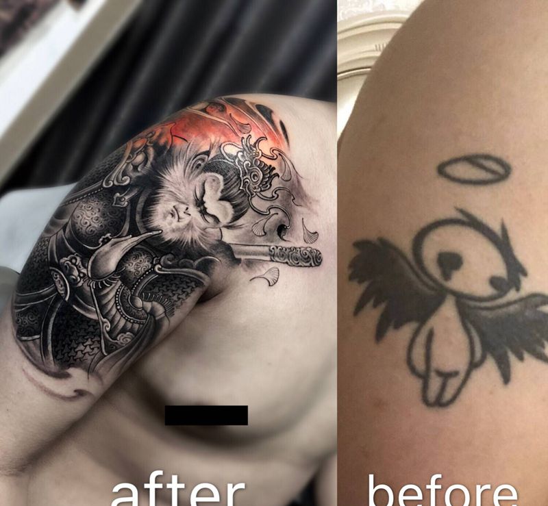 孙悟空遮盖旧图纹身图片_手臂腿部新传统遮盖孙悟空纹身图案