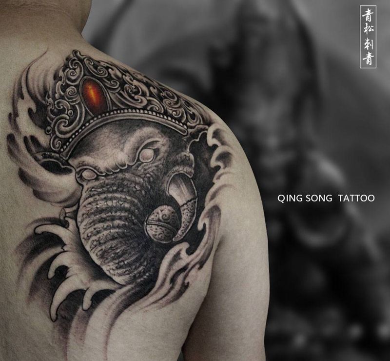 象神纹身图片_背部手臂新传统象神纹身图案