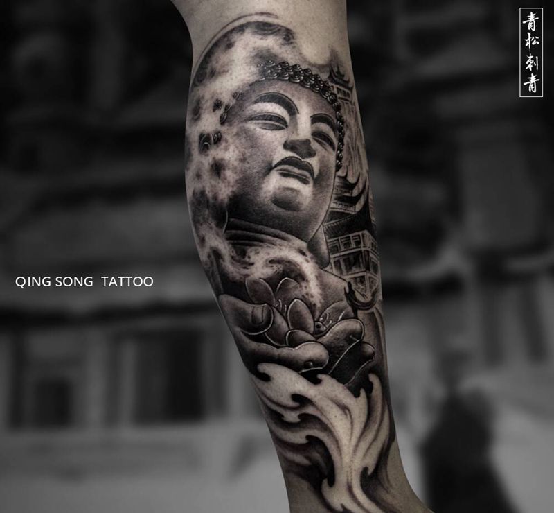 阿弥陀佛纹身图片_腿部新传统佛纹身图案