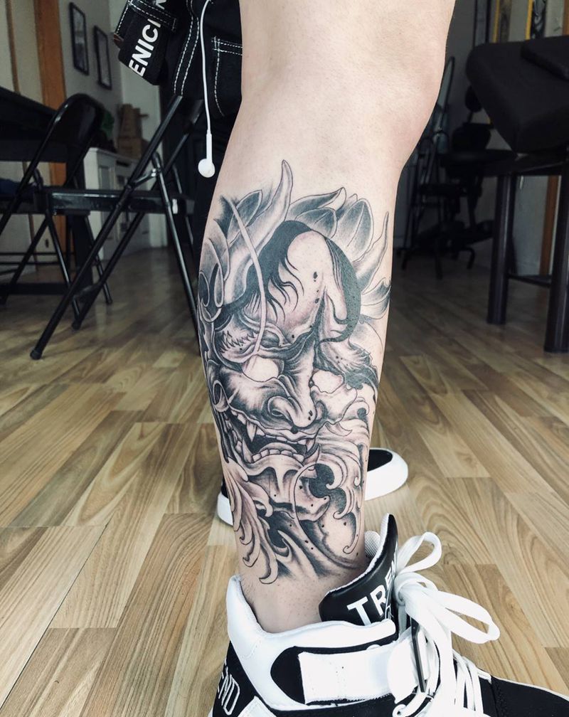小腿般若纹身图片_腿部新传统老传统纹身图案