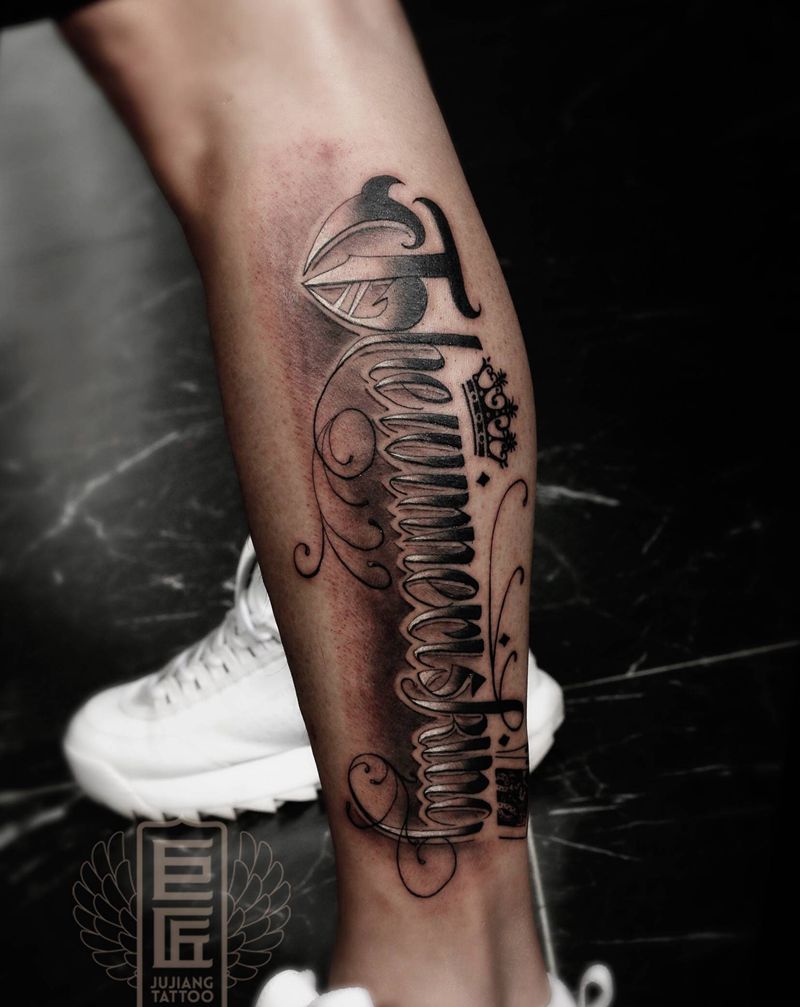 花体英文纹身图片_腿部花体字纹身图案