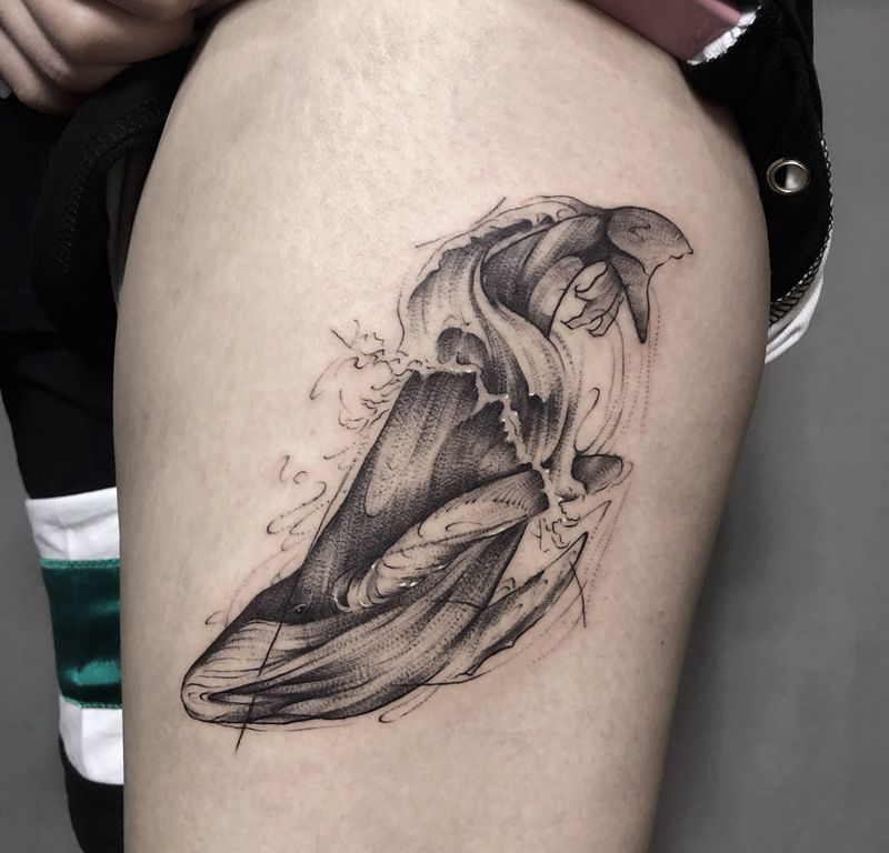 52赫兹的鲸纹身图片_手臂腿部点刺几何鲸鱼小清新济南纹身图案