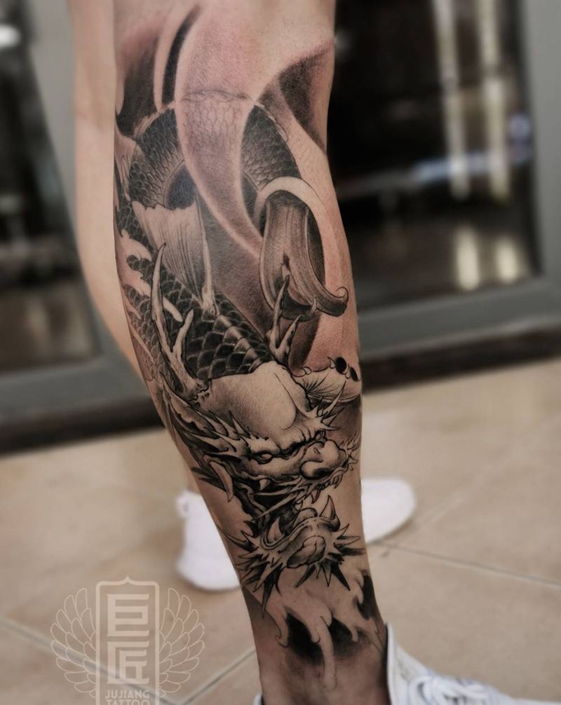 鳌鱼纹身图片_腿部新传统水墨纹身图案