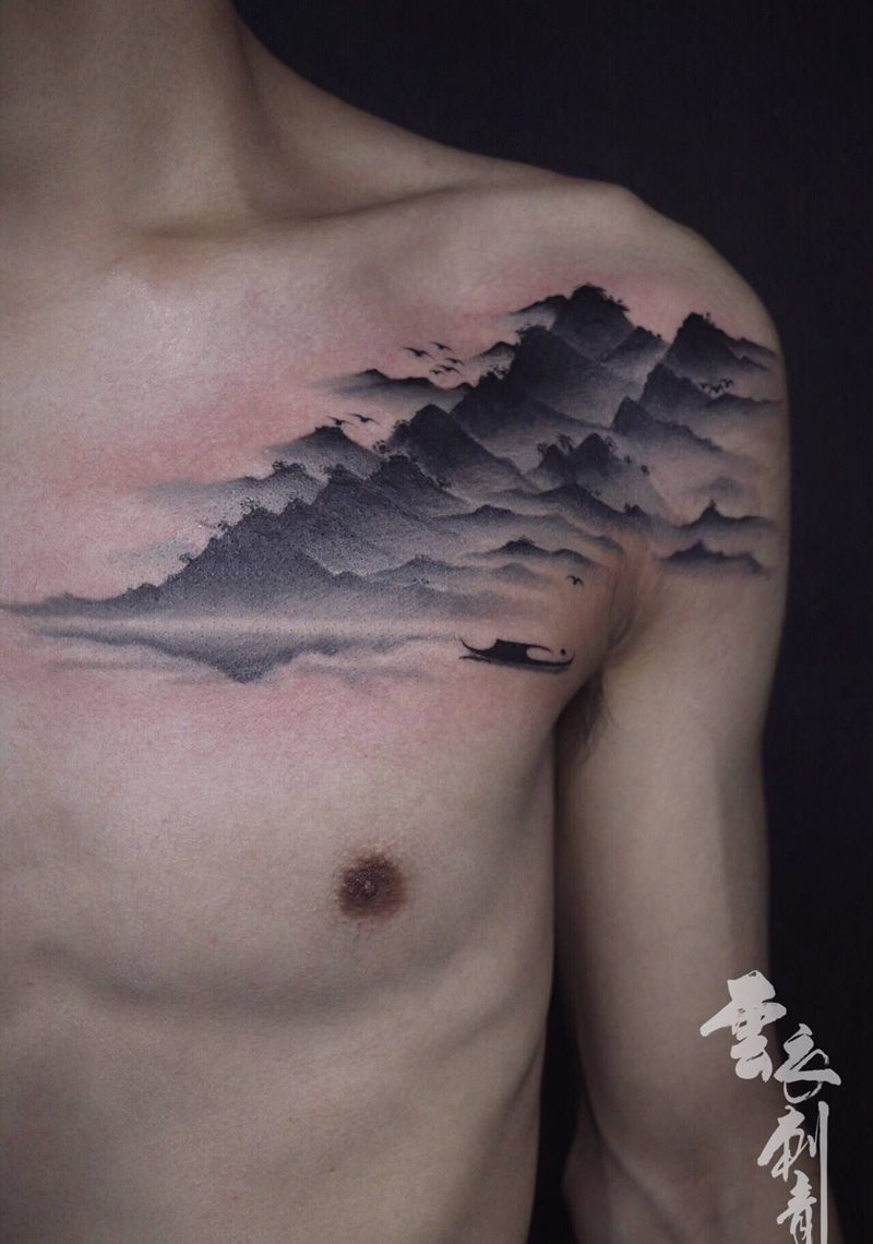 #层峦叠嶂#纹身图片_肩部水墨纹身图案