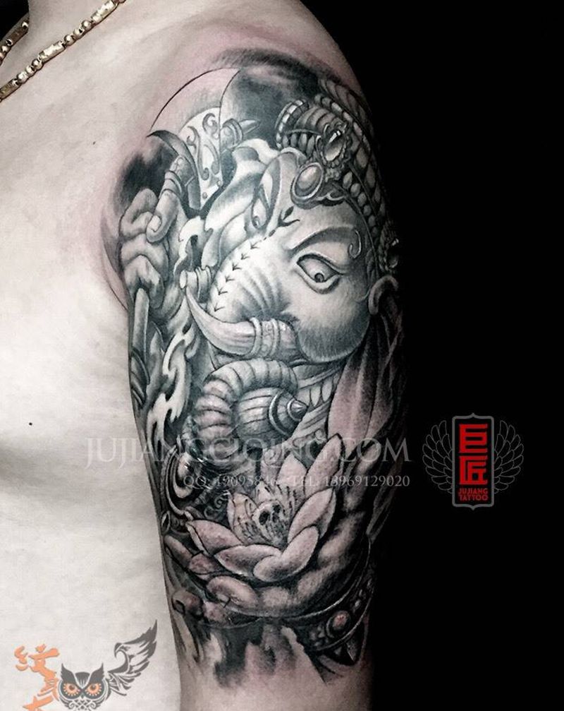 上臂象神纹身图片_成品手臂传统宗教纹身图案