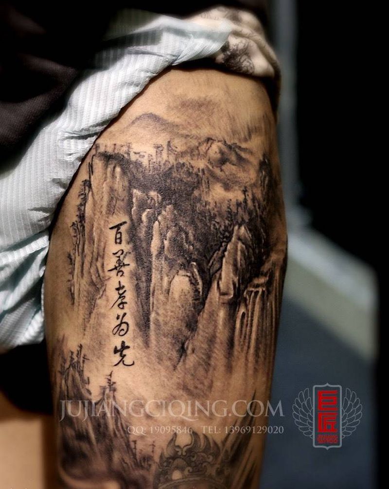 山水纹身图片_成品手稿腿部传统植物原创字符巨匠刺青栾华纹身图案