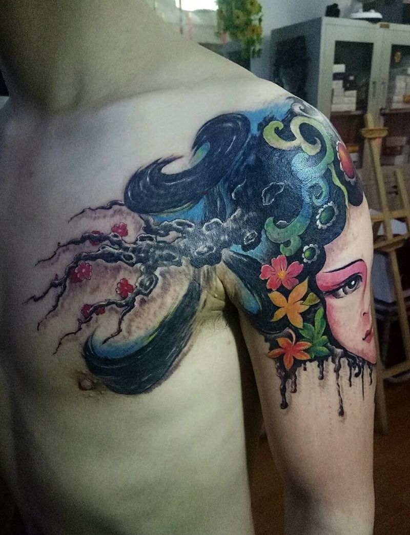 中国风花旦遮盖纹身图片