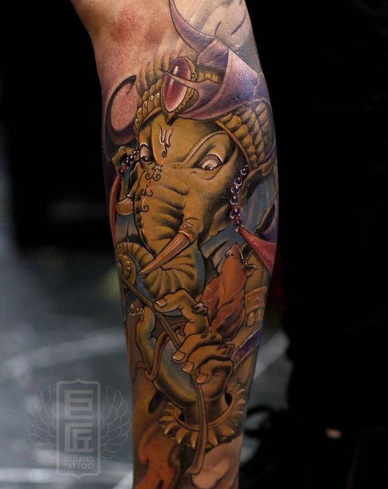 彩色象神纹身图片