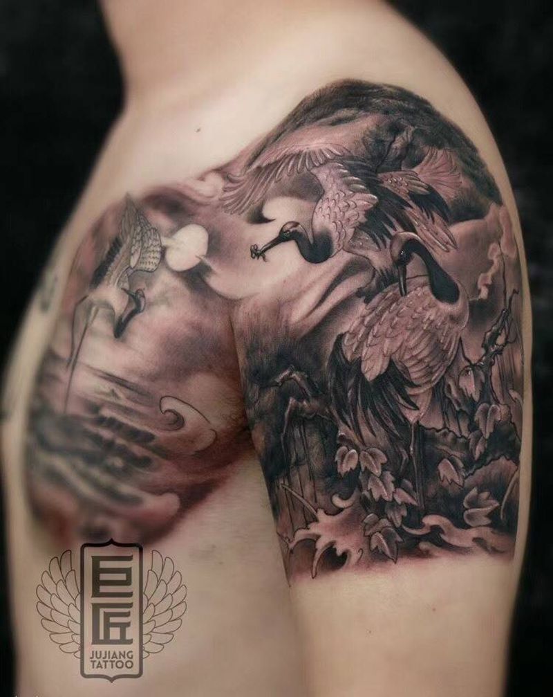 松鹤延年纹身图片_成品胸部手臂传统动物原创培训纹身图案