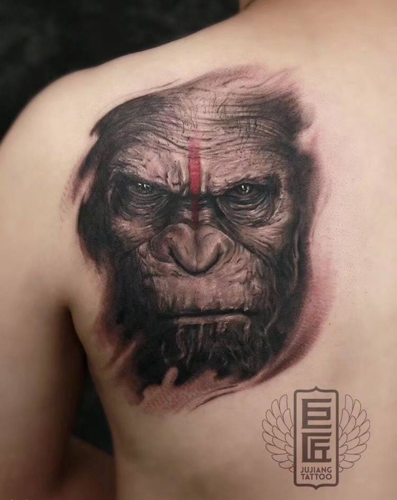 凯撒纹身图片_成品肩部欧美写实动物原创培训纹身图案