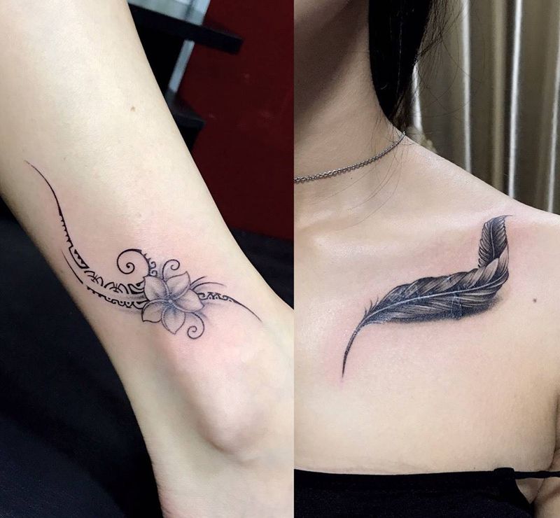 小清新纹身图片_成品胸部颈部腿部欧美清新几何植物纹身图案