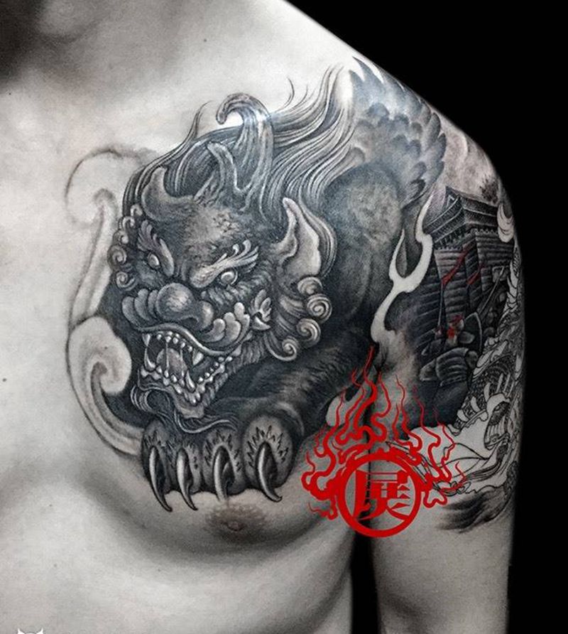 䝛貅纹身图片_成品胸部传统鬼神动物宗教纹身图案