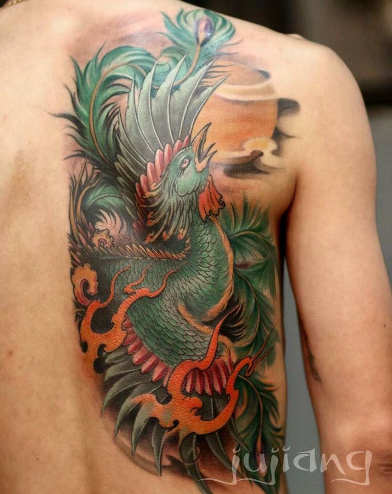 肩胛凤凰恢复后的效果纹身图片_成品背部传统动物原创培训纹身图案