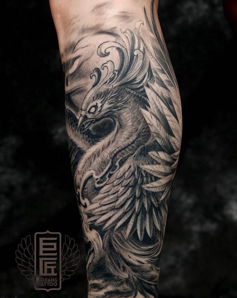 包小腿朱雀纹身图片_成品腿部传统鬼神原创培训纹身图案