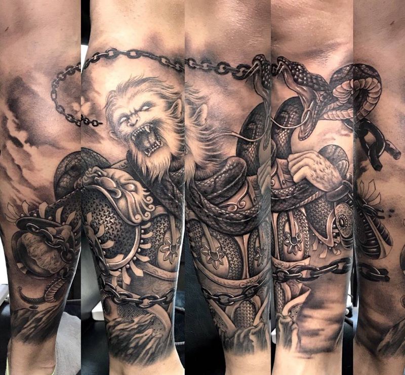 挣脱束缚（猴子）纹身图片_成品腿部传统动物鬼神纹身图案