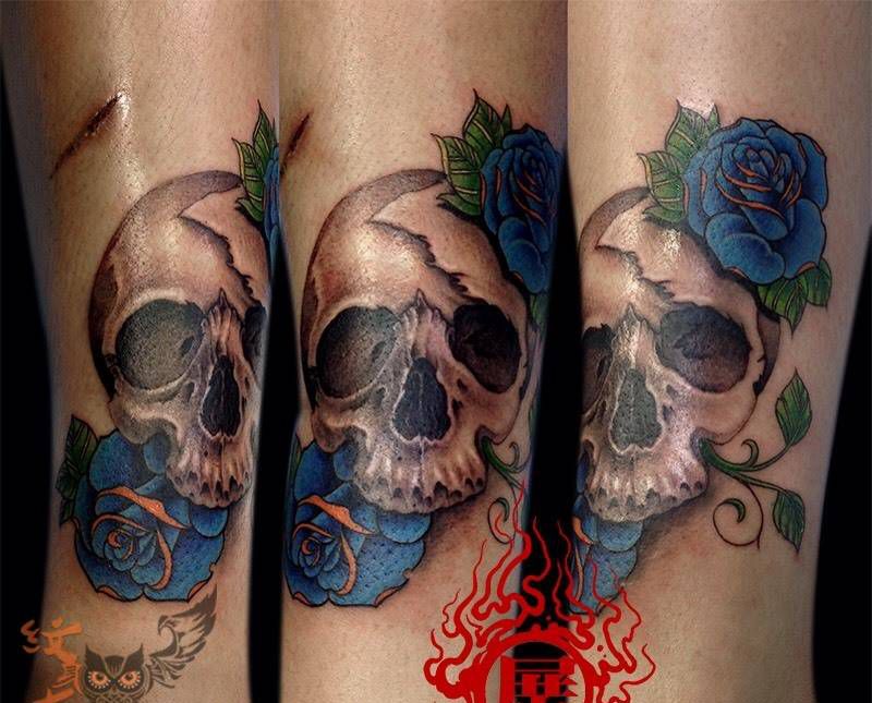 骷髅与花纹身图片