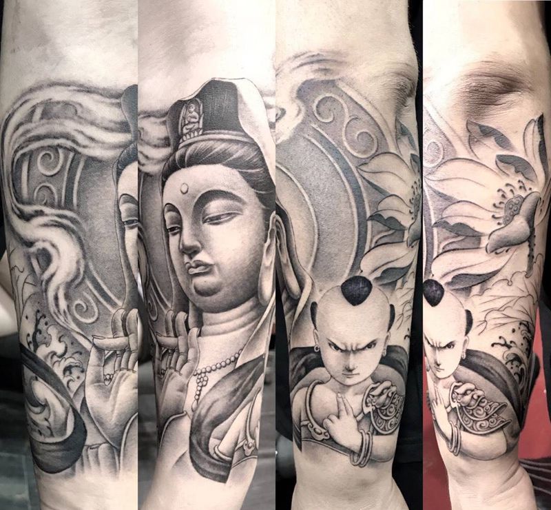 观音与红孩儿纹身图片_手臂新传统纹身图案