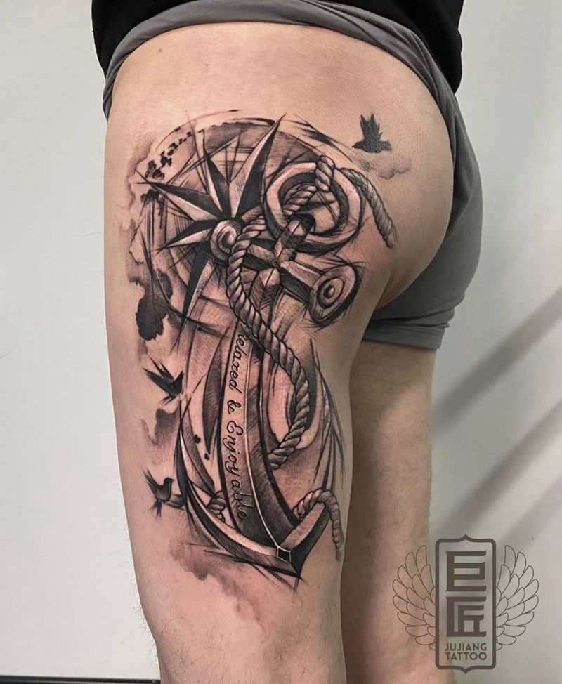 伤疤遮盖纹身图片_腿部新传统船锚纹身图案