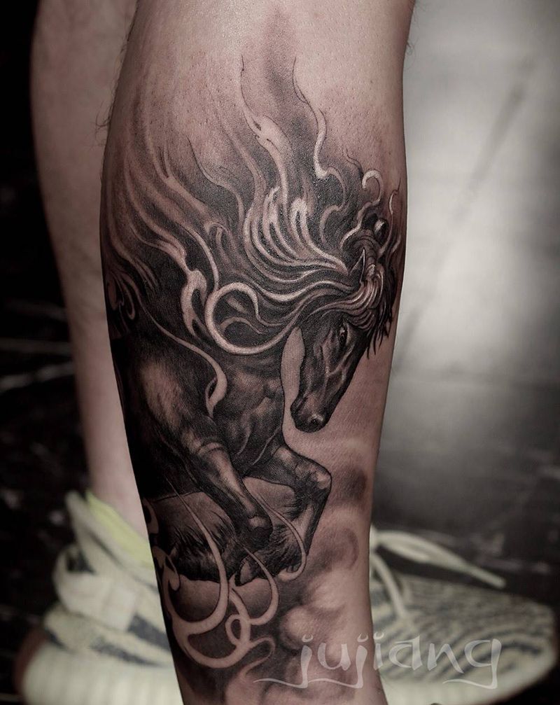 策马奔腾纹身图片_成品腿部传统动物原创培训纹身图案