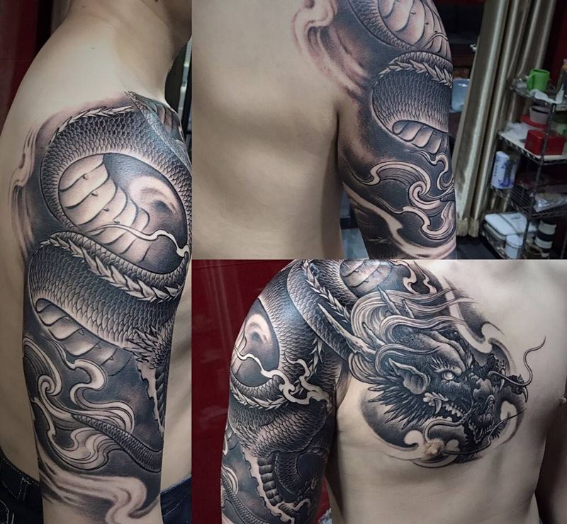 半胛龙纹身图片_成品胸部肩部手臂传统动物鬼神原创纹身图案