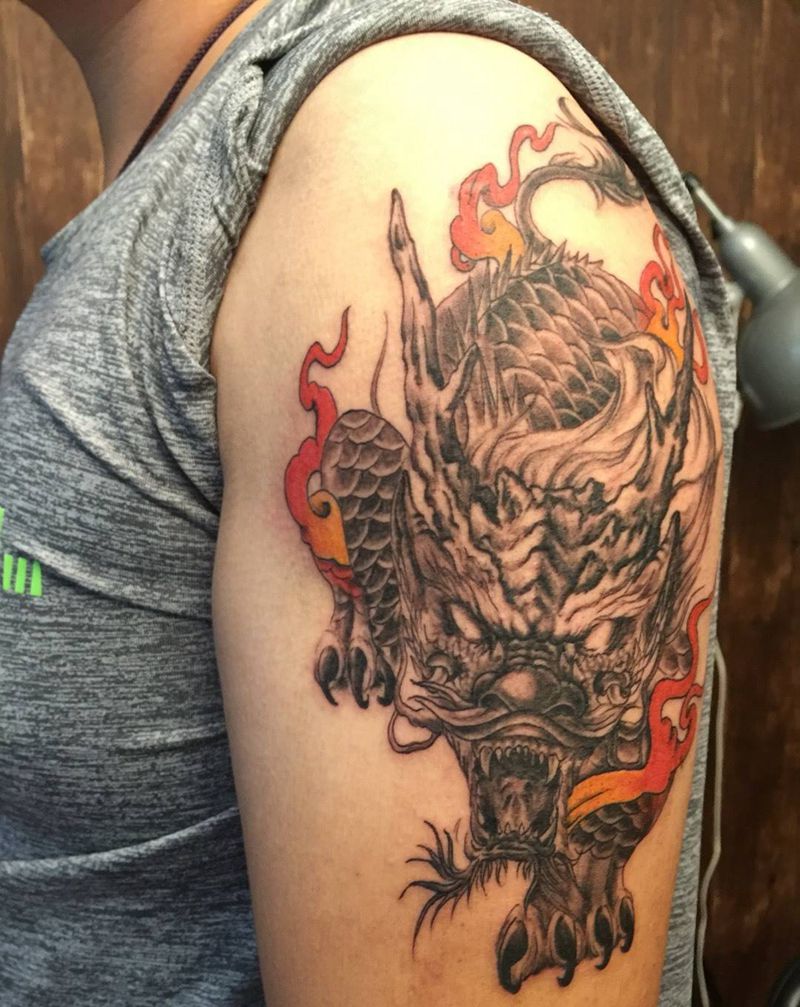 大臂麒麟纹身图片_成品手臂写实传统鬼神原创纹身图案