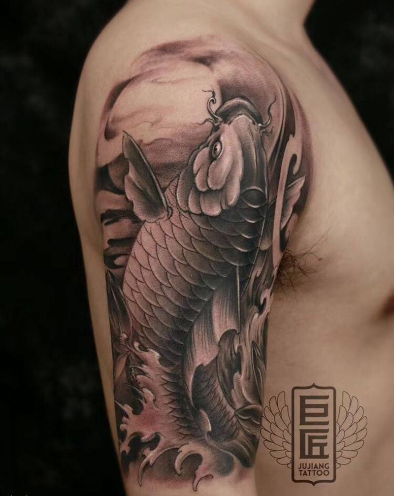 招财鲤鱼纹身图片_成品手臂传统动物原创培训纹身图案