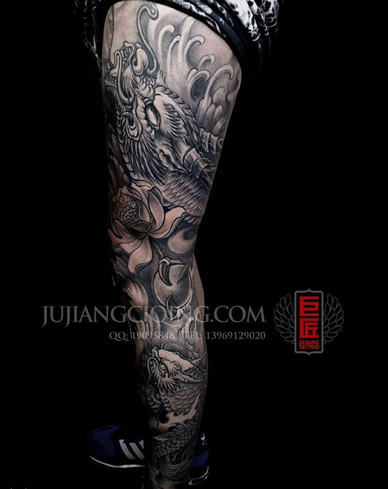 花腿“鱼化龙”纹身图片_成品腿部传统动物原创巨匠刺青栾华培训纹身图案
