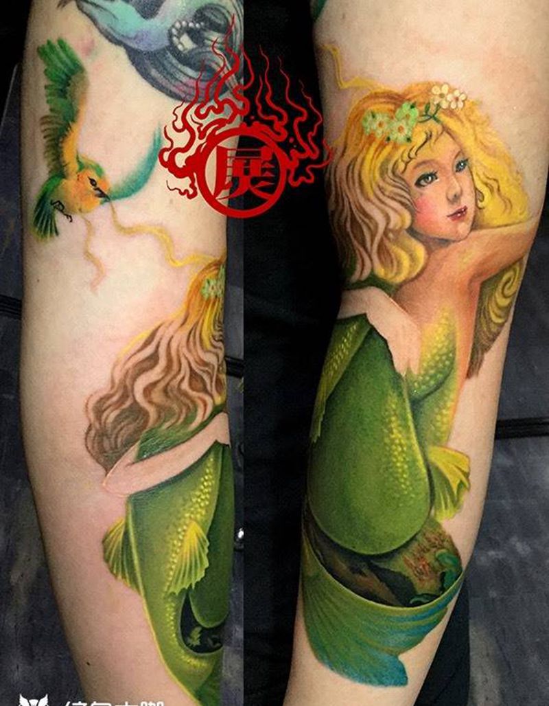 美人鱼未完待续纹身图片_手臂欧美清新人物纹身图案