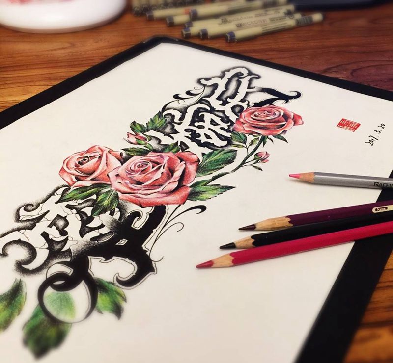 陌上花开纹身图片_手稿胸部肩部背部手臂腿部欧美写实字符原创纹身图案