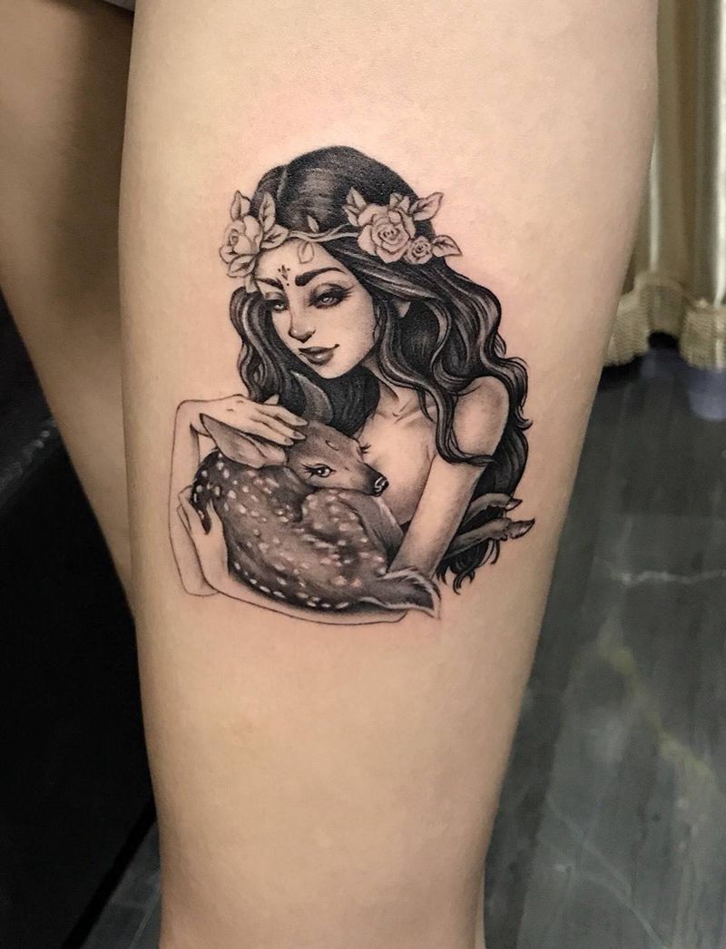 欧美纹身图片_成品腿部欧美清新肖像人物动物纹身图案