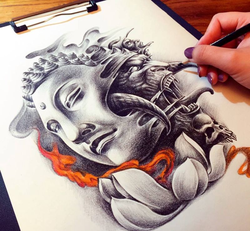 佛魔纹身图片_手稿背部胸部手臂肩部传统写实肖像宗教人物纹身图案