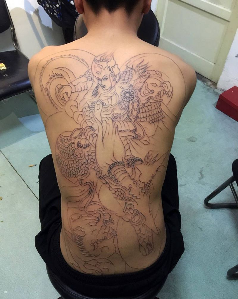 又一个赵云线条纹身图片