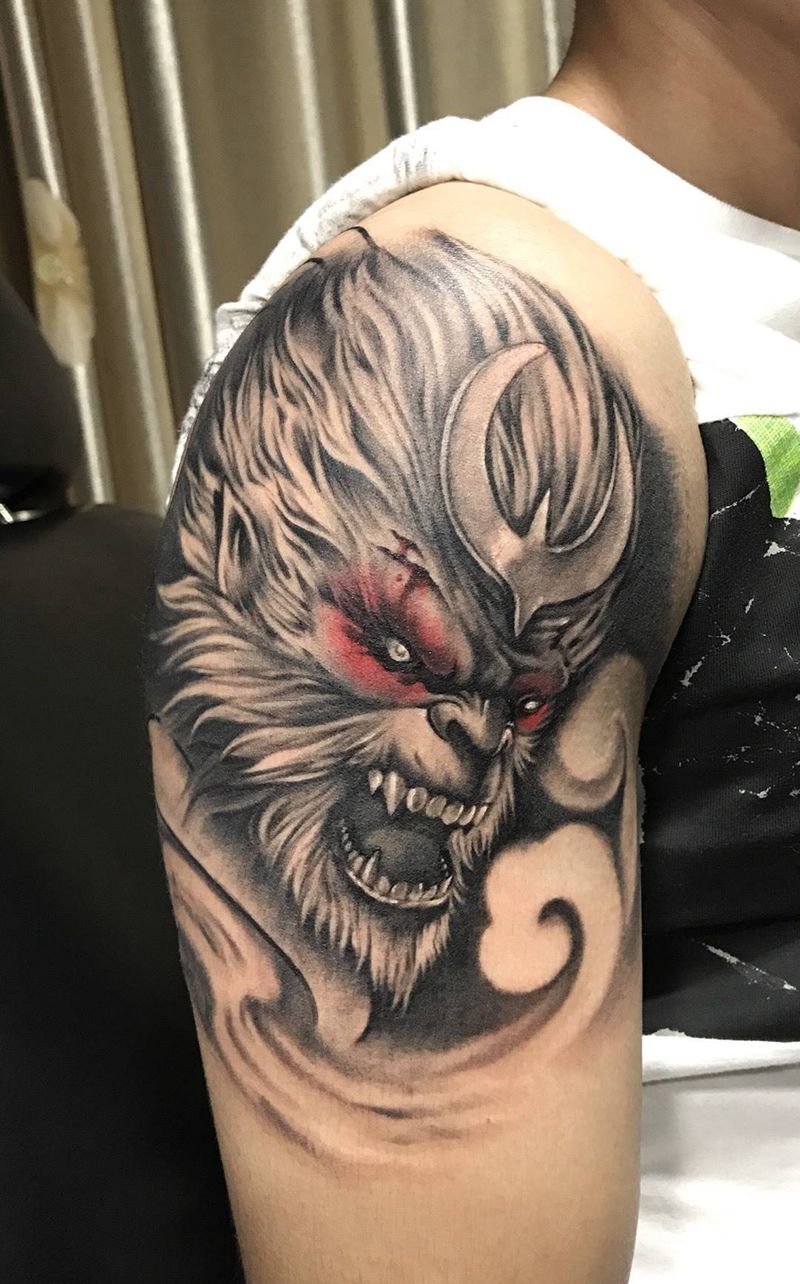 孙悟空纹身图片_成品肩部传统肖像鬼神纹身图案