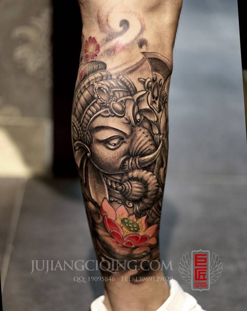 象神纹身图片_成品腿部传统宗教纹身图案