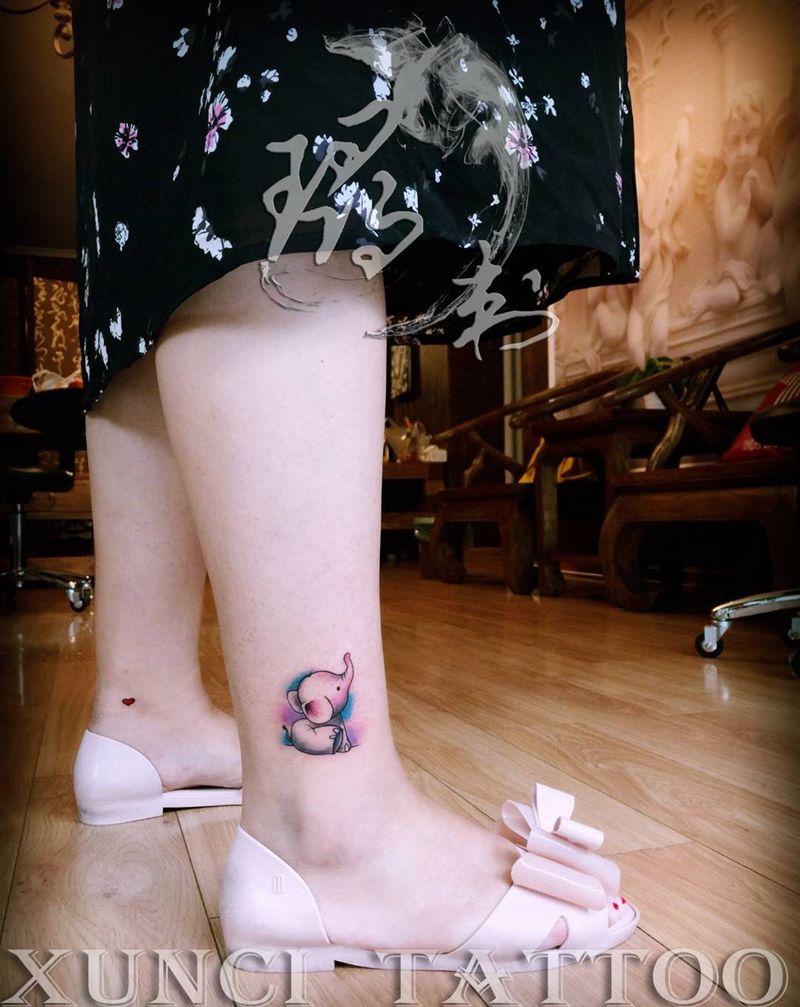 小象纹身图片_成品脚部清新欧美贴纸动物纹身图案